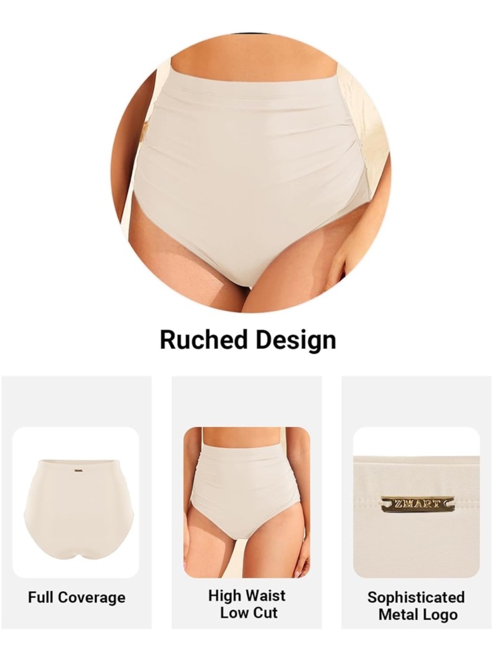 High-Waist Ruched Bikini Bottom - Cream